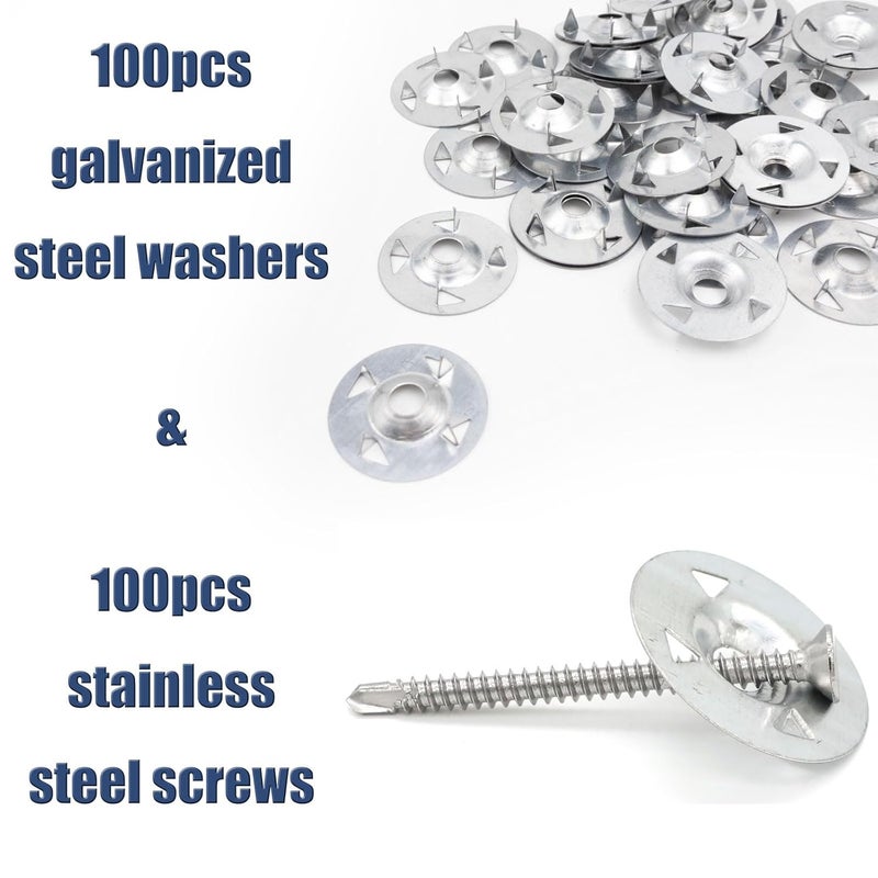 TiciKim 200 Pcs Foam Board Fasteners Kit Washers for Insulation Foam Board Panels 100Pcs 1-1/8 Inch Galvanized Steel Washer and 100Pcs Screws for Fixing Fastening and Supporting Hardware Set for Foam Board - Image 4
